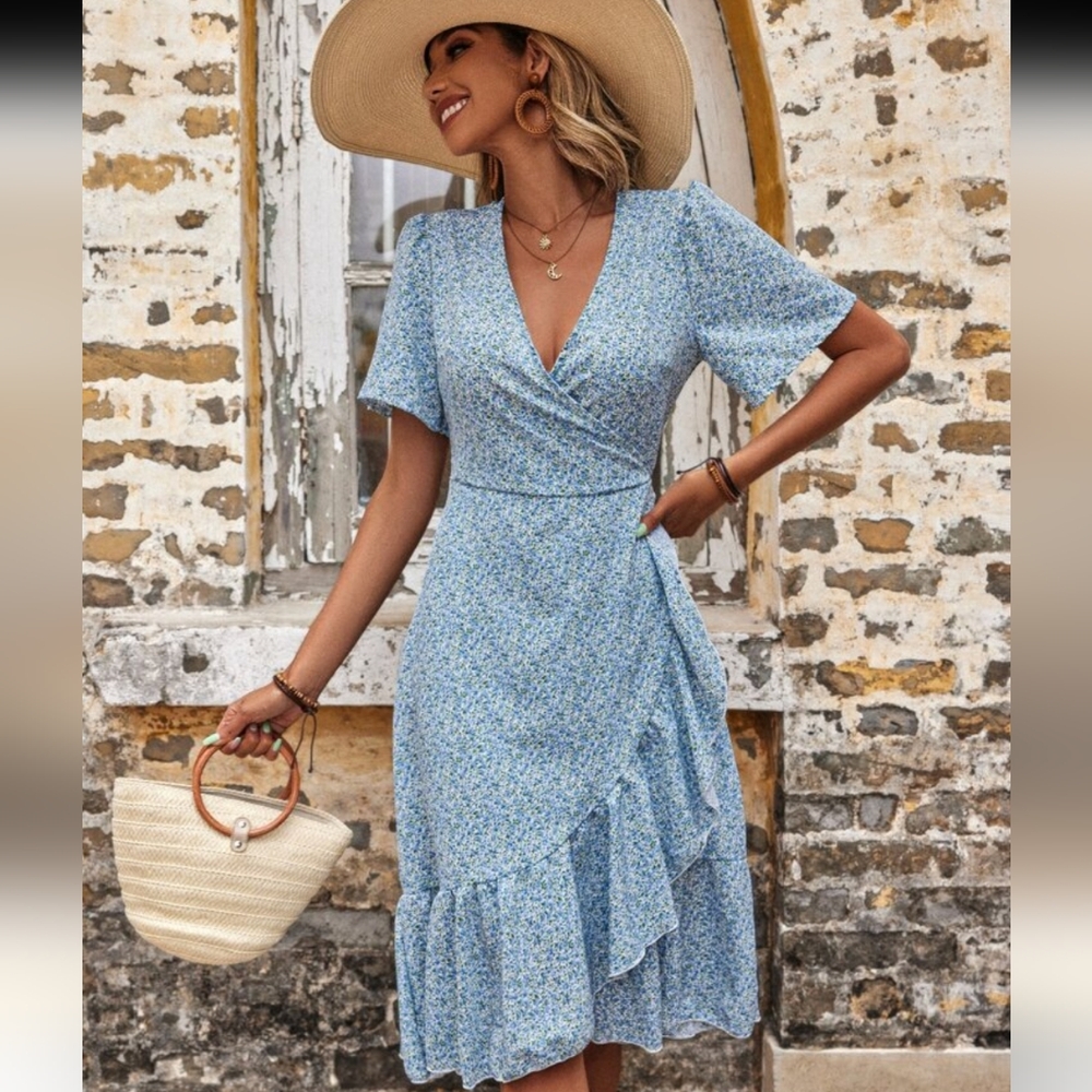 Floral Greenish Blue Faux Wrap Dress = Size Medium